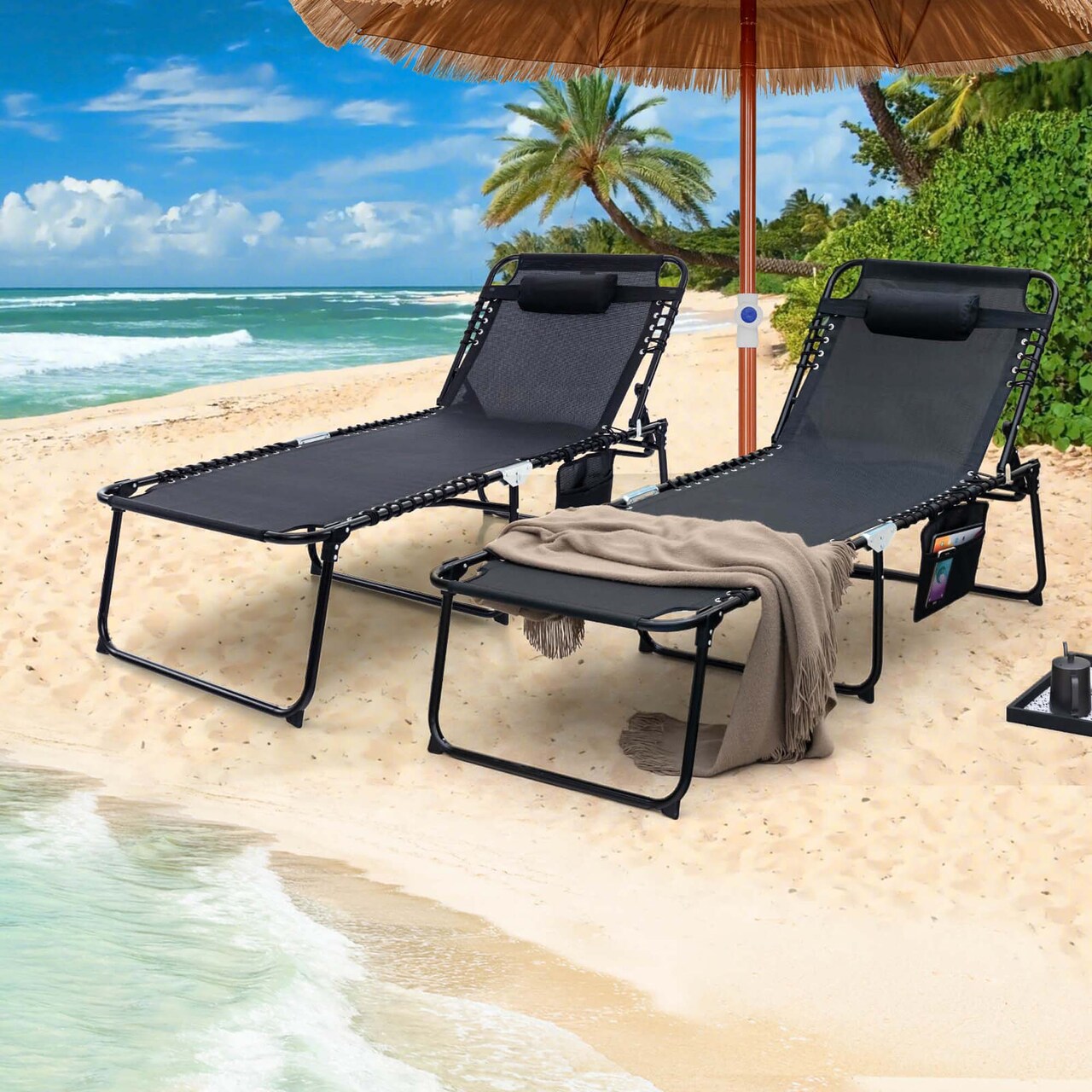 Costway 1/2 PCS Oversize Folding Chaise Lounge with Backrest Detachable Pillow Pocket